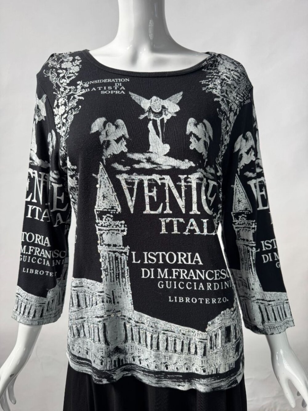 Venice-Themed Rhinestone Embellished Long-Sleeve Top By Candy Couture Black & Gr